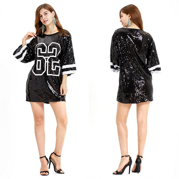 Fashion Casual Long Sleeve Loose Women Blouse Cold Summer Black Sequined Womens Tops And Blouses Casual Dress Mini Short cps1293