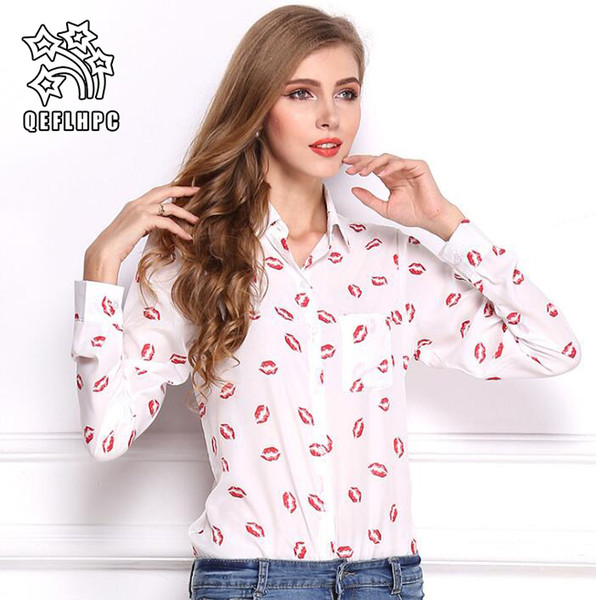 2018. Women's clothes. Blouse. A lapel. Long sleeves. Lips print. Chiffon shirt. 100% polyester material. woman's shirt. AAJ0911