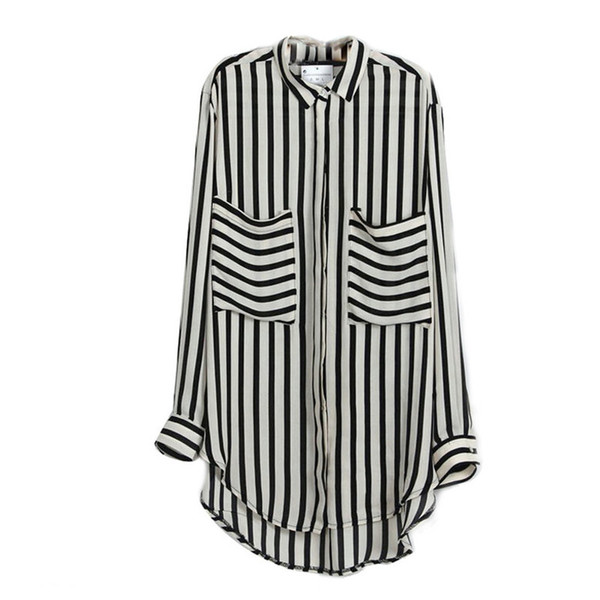 Women Blouse Long Sleeve Vertical Striped Chiffon Tops Button Down Shirt