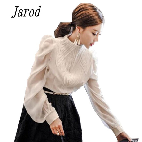 New 2017 Spring Autumn Women Blouse Stand Collar Long Puff Sleeve Chiffon Shirt Vintage Shirt Blusas Female Shirts