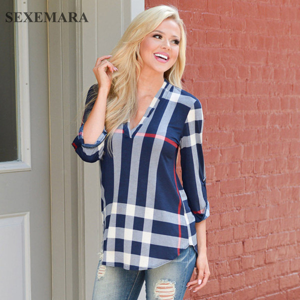 SEXEMARA ladies top v neck tunic tops plaid women blouse shirt three-quarter sleeve casual feminine blouses fashion C38-H87