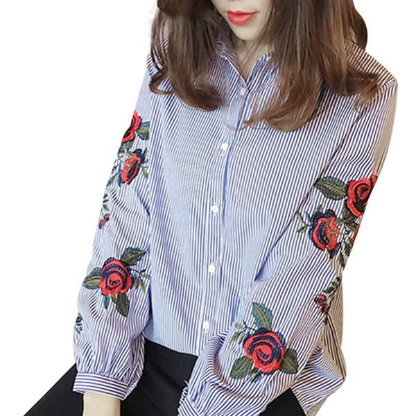 Wholesale- Women Blouses Ladies Floral Embroidery Blouse Autumn Long Sleeve Fashion Casual Shirt Women Camisas Femininas Womens Tops White