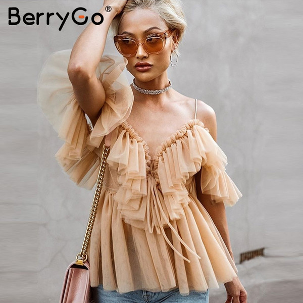 BerryGo Strap ruffles mesh blouse women shirt V neck off shoulder summer blouse tops Streetwear sexy peplum tops blusas new