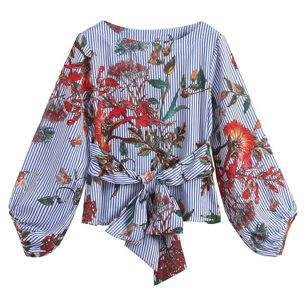 ISHOWTIENDA Floral Print Blouse Fashion Shirts Women ' s Tops Belted Mixed Striped Long Sleeve Blouse Ladies Clothing Haut Femme