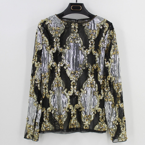 2018 Summer Runway Luxury Women Sexy Sheer Mesh Shirt Top Long Sleeve Sequin Bead Diamond Embellished Embroidery Blouse Mujer