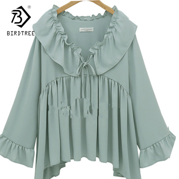 Sping High Street Women Blouse With Ruffles Solid Petal Sleeve Puff Sleeve V-neck Slim Plus Size Chiffon Cute T81849Q