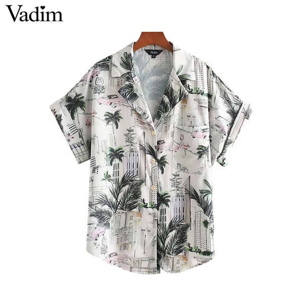 Vadim women chic floral print blouse pocket turn down collar short sleeve shirts female casual tops blusas DA391