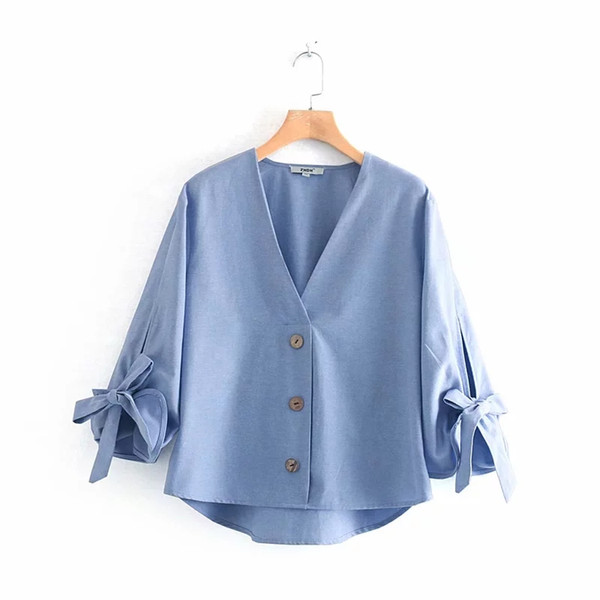 V Neck Button Decoration Women Shirt Female Loose Smock Flare Sleeve Blouse Tops 2019 Summer Blusas Mujer S5723