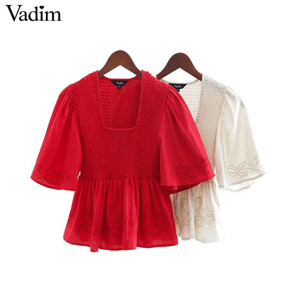 Vadim women elegant crop tops elastic embroidery hollow out design flare sleeve backless pleated shirts female chic blusas DA392