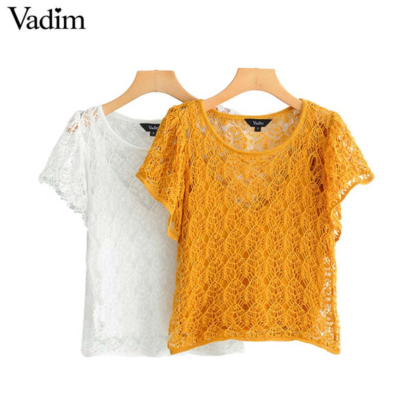 Vadim women hollow out crop top stylish flare sleeve basic O neck yellow white shirt casual female chic tops blusas DA422