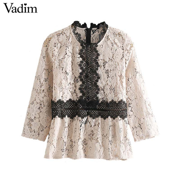 Vadim women elegant lace patchwork blouse see through design O neck shirts sweet female casual chic tops blusas LB150