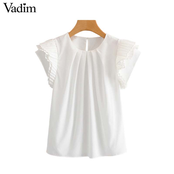 Vadim women elegant solid blouse O neck short sleeve female office wear casual shirts chic white tops blusas DA395