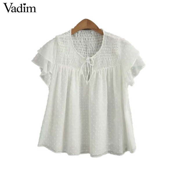 Vadim women cute solid chiffon blouse bow tie see through design short sleeve female casual shirts chic tops blusas DA389