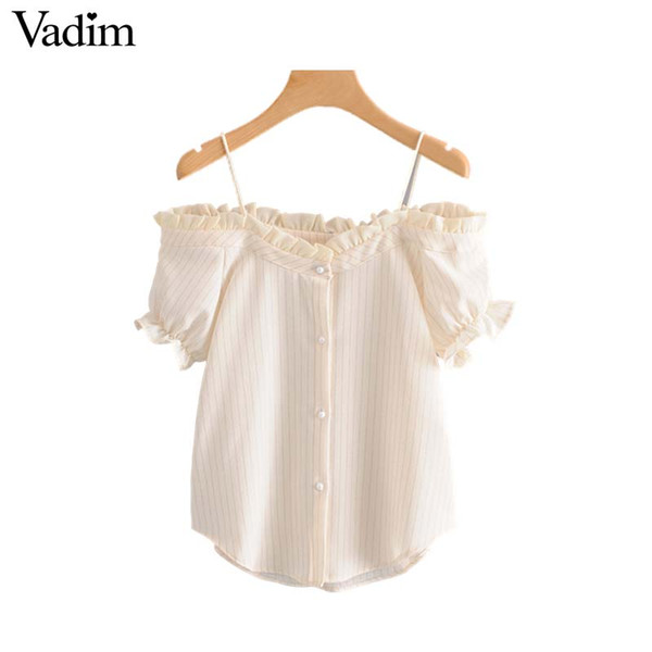 Vadim women elegent striped print blouse ruffled short sleeve spaghetti straps shirts female sweet pink tops blusas DA396