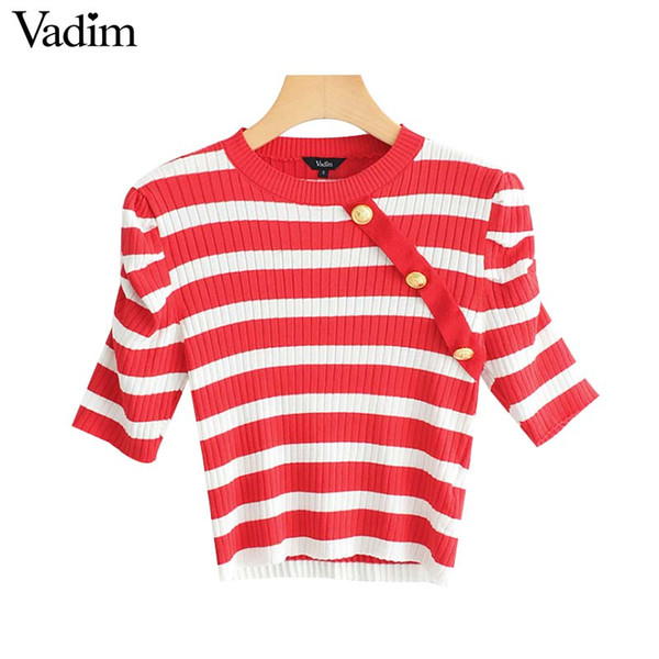 Vadim women red white striped crop top vintage button sweet short puff sleeve shirt casual female cute tops blusas DA421