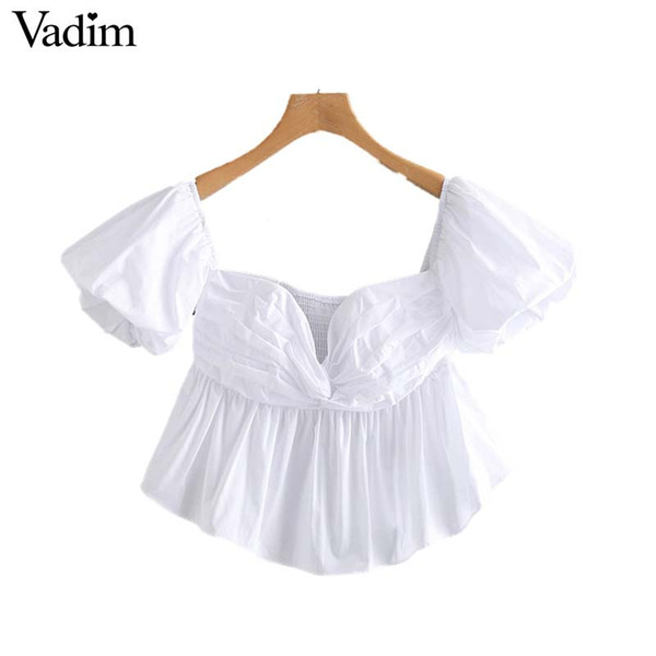 Vadim women sexy slash neck crop top pleated back elastic short sleeve shirts female solid sweet short tops blusas mujer DA386