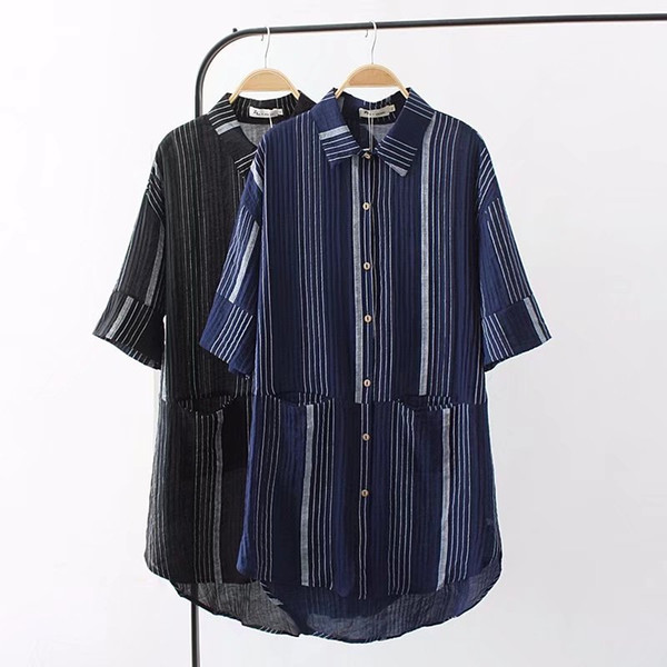 Plus size short sleeve cotton linen long blouses women 2018 summer dark blue & black striped shirt turn-down collar ladies tops