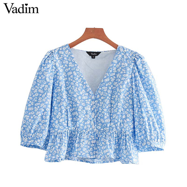 Vadim women sweet floral print crop top sexy V neck button pleated short sleeve shirt casual female cute tops blusas DA414