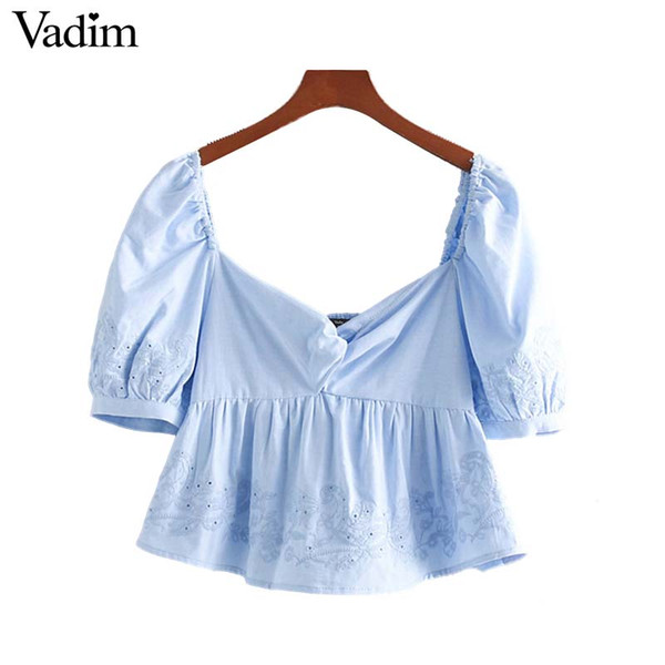 Vadim women embroidery blue crop top vintage square collar short sleeve shirt casual female cute blusas DA412