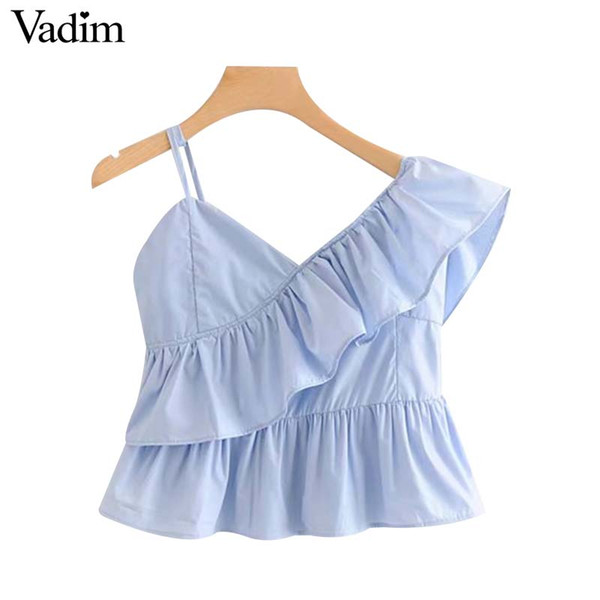 Vadim women stylish plaid ruffles patchwork V neck crop top backless single sleeve design irregular chic street blouses WA318