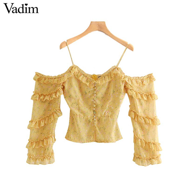 Vadim women sexy chiffon floral print slash neck blouse spaghetti straps ruffles back zipper fly female stylish tops LB202