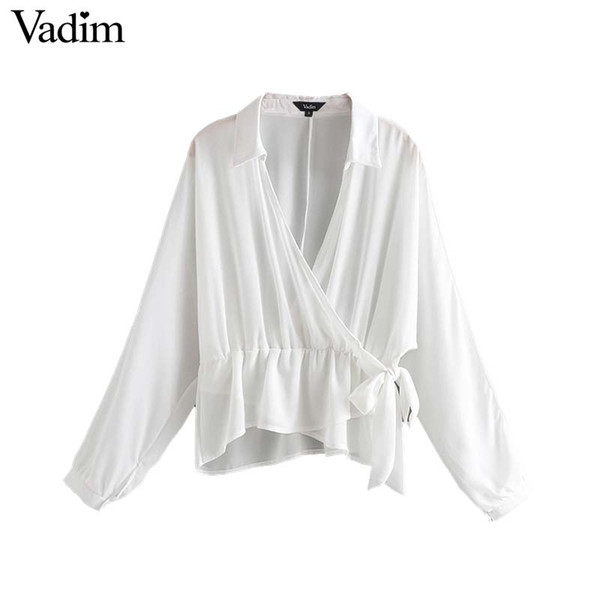 Vadim women elegant chiffon cross V neck wrap blouse long sleeve waist bow tie transparent female fashion office wear tops LB196