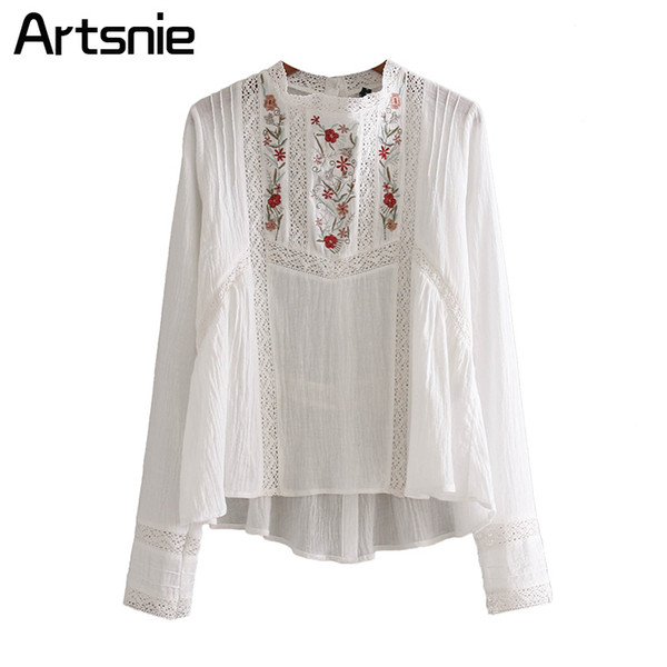 Artsnie White Cotton Hollow Out Blouse Women Spring O Neck Elegant Embroidery Tops Shirt Ladies Casual Blouse Blusas Femme