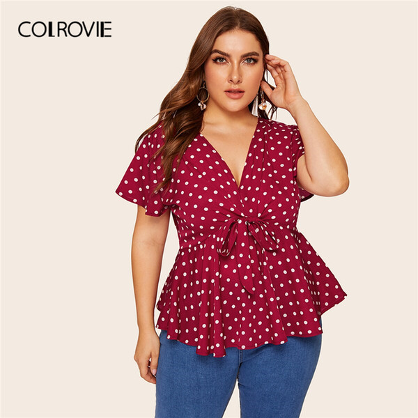 COLROVIE Plus Size Knot Front Polka Dot Blouse Women 2019 Summer Sexy Deep V Neck Short Sleeve Boho Womens Tops And Blouses