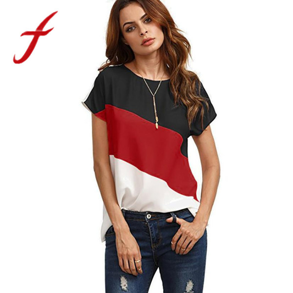 Feitong Summer Women's Chiffon Blouses Ladies Casual Color Block Short Sleeve Shirts Blouse Female Tops blusas feminina 2018 New