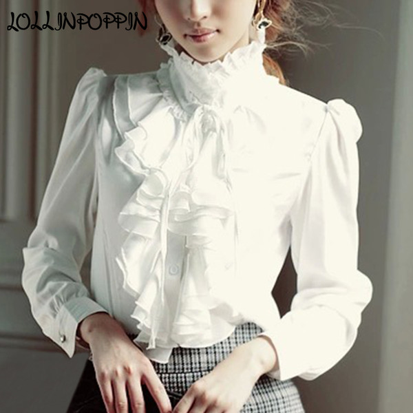 Women Lolita Shirt Long Sleeve Stand Collar Chiffon Blouses With Ruffles New 2018 Ladies Bow Shirt Royal Style Gothic