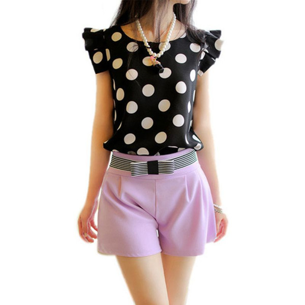 Summer Women Polka Dot Casual Tee Shirt Ruffled Shirt Tops Slim Fit Chiffon Blouse