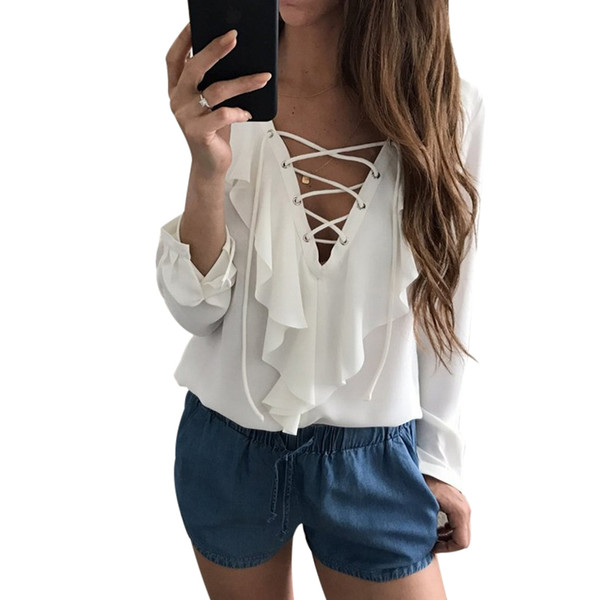 Sexy Chiffon Blouse Ruffle Blusas Mujer Womens Tops Lace Up V Neck Strapped Long Sleeve White Blouse Casual Ladies Tops Shirt