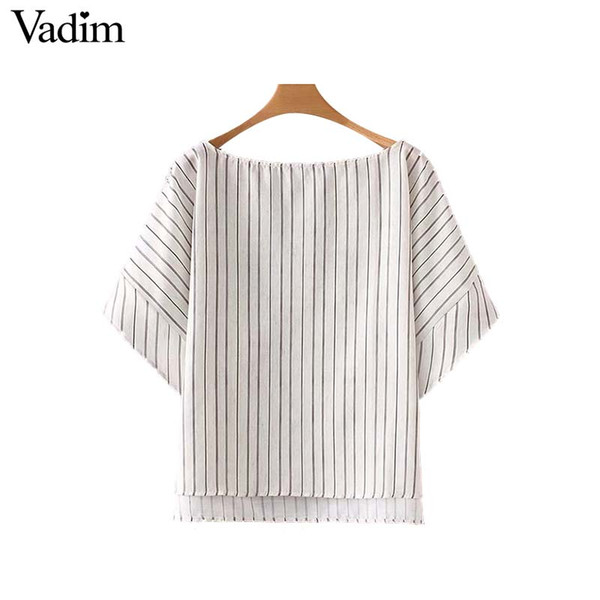 Vadim women elegant striped loose blouse oversized buttons short sleeve o neck shirts female casual chic tops blusas DA059