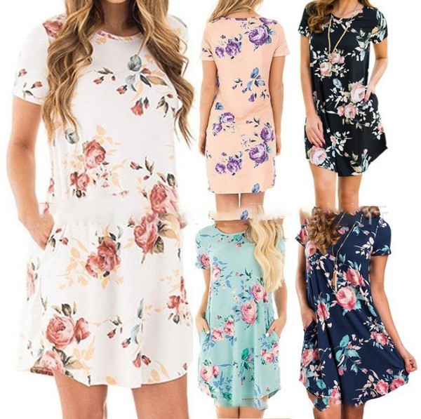 Womens Floral Dresses 6 Colors Summer Short Sleeve Pocket Mini Dress Ladies Beach Evening Party Sundress OOA6600