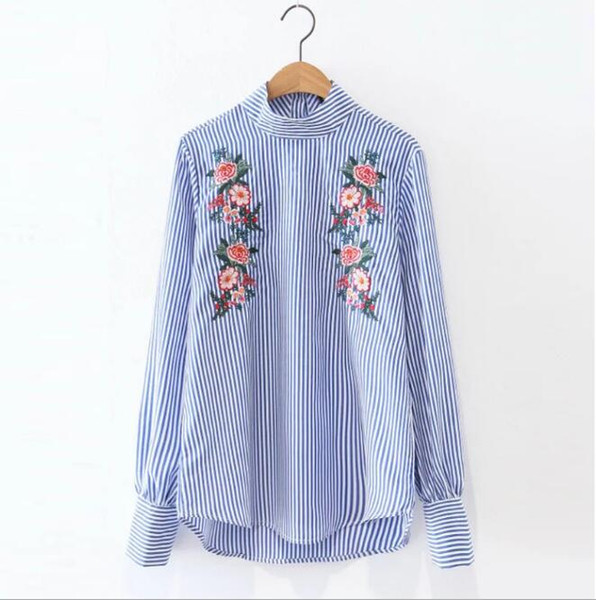 Embroidery Female Blouse Shirt Casual Blue Striped Shirt 2017 Spring Cool Slim Long Sleeve Blouse Women Tops Blouse