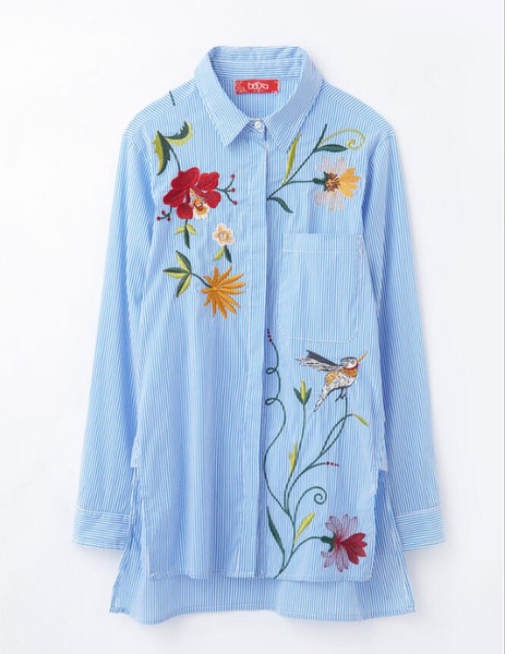 Embroidery Female Blouse Shirt Casual Blue Striped Shirt 2017 Spring Summer Cool Long Sleeve Blouse Women Tops Blouse