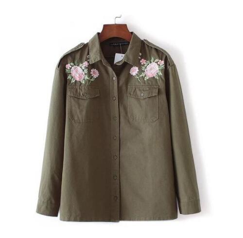 New 2017 Women Fashion Vintage Retro Epaulet Flower Embroidery Patch Designs Army Green Loose Blouse Brand Outwear Shirt Tops