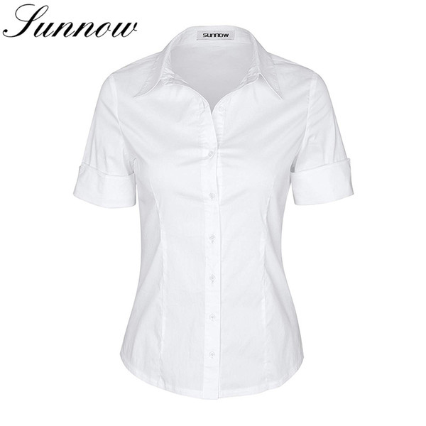 SUNNOW Short Sleeve Shirt Women Simple Button-Down Blouse Stretch Slim Shirts Girl Students Tops Ladies Elegant Work Wear Blouse