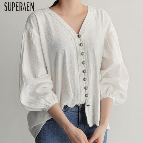 SuperAen Autumn New Women Shirts Solid Color Fashion Casual Ladies Blouses and Tops V Collar Puff Sleeve Women Clothing