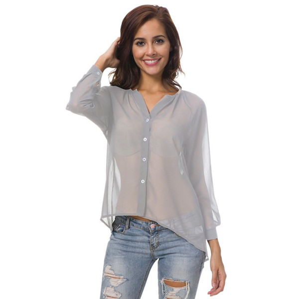 2018 Chiffon Women\'s Blouse Shirts New Transparent Blouse V Neck Long Sleeve Button Top Solid Thin Summer Casual Top