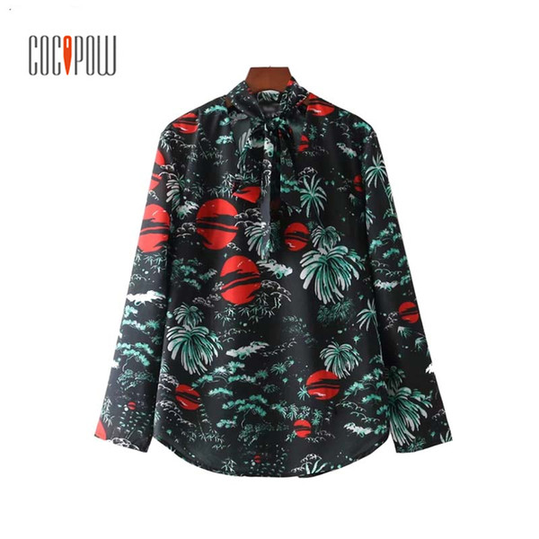 Women Sweetshirts Bow Tie V Neck Floral Shirts Pleated Long Sleeve Vintage Loose Blouse Female Casual Chic Tops Blusas