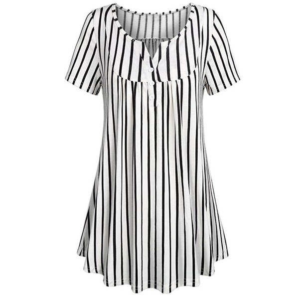 2018 Womens Tops and Blouses Tunic Button Striped Print Short Sleeve Long Tee Shirts V Neck Loose Casual Women Clothes