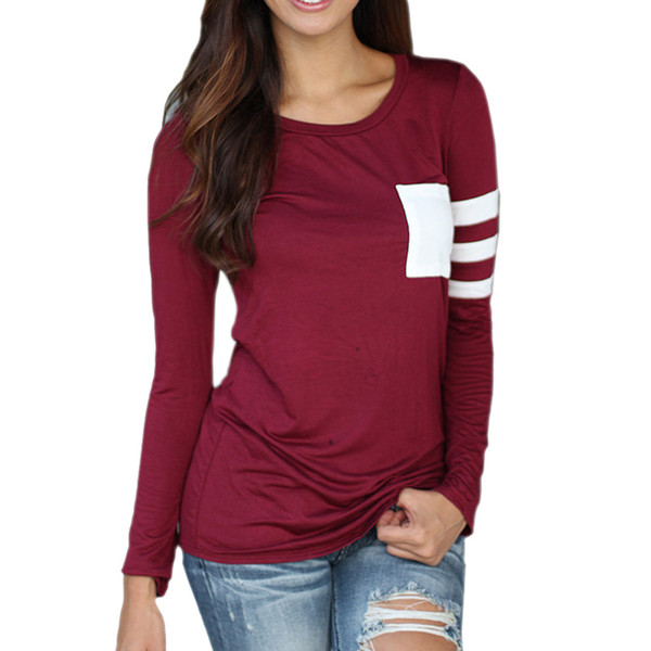 2018 Casual Women Autumn Shirt Simple Striped Top O-neck Long Sleeve Pocket Patchwork Blouse Shirts Female