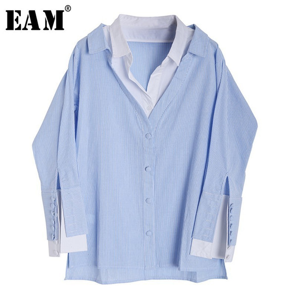 [EAM] 2018 New Autumn Winter Lapel Long Sleeve Blue Hit Color Split Joint Loose Striped Shirt Women Blouse Fashion Tide JG877