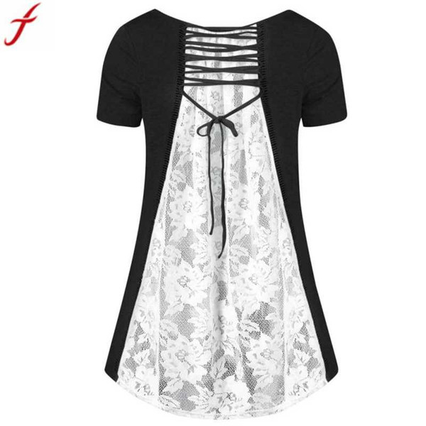 2018 Women Ladies Casual V Neck Patchwork Blouse Tops Casual Bandage Short Sleeve Back Lace Tunic Shirt Top blusa feminina#4