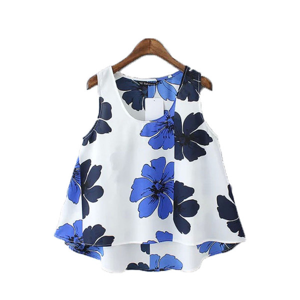 Lace Girl Ladies Tops Sleeveless 2018 Summer Blue And Navy Flower Spliced Printed Shirts Blusas For Womens Causal Shirts Top