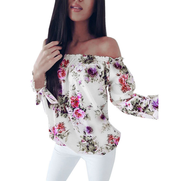 2018 Summer Womens Blouse Elegant Floral Print Off Shouldr Shirts Tunic Long Sleeve Ladies Top Womens Blouses