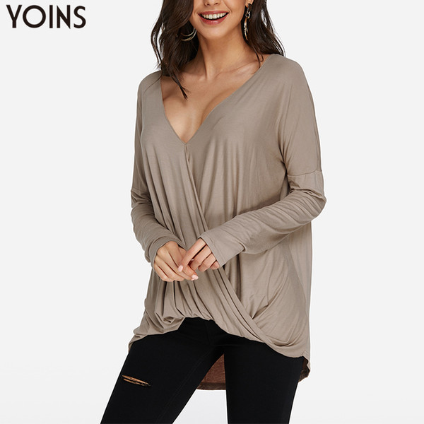 YOINS 2019 Spring Women Solid Top and Blouses Casual Asymmetrical Hem Long Sleeve Sexy V Neck Pullover Shirts Blusas Femininas