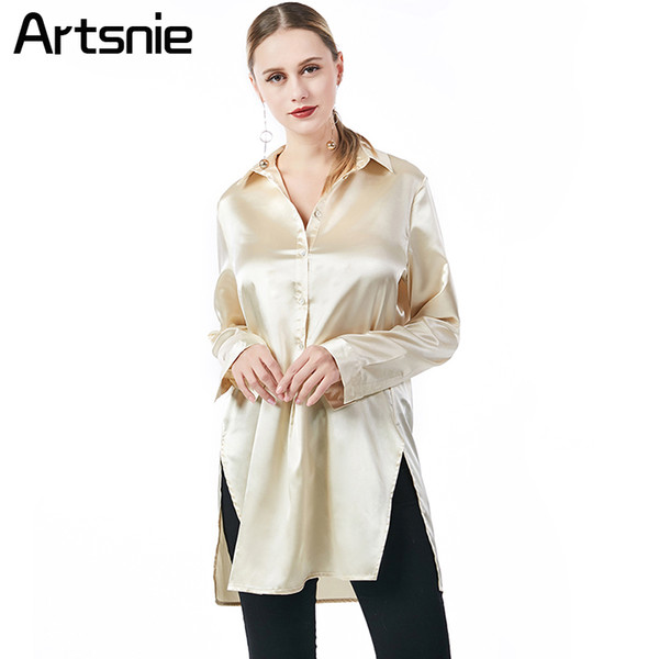 Artsnie Gold Satin Casual Long Women Blouse Spring High Waist Split Shirts Ladies Office Work Tops Blusas Feminina Chemise