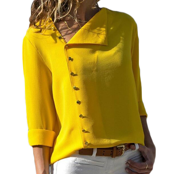 Summer Tops Button Irregular Blouse Women Yellow Long Sleeve Oblique Collar Shirt Female Elegant Autumn Casual Office Tops